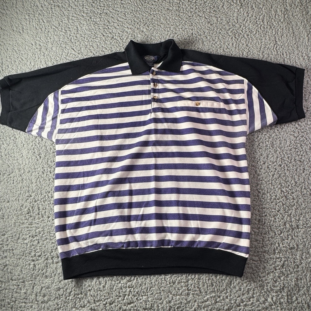 Vintage Knightsbridge Polo Shirt Blue White Striped Short Sleeve Banded Waist L